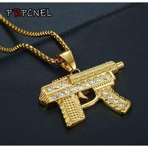Fashion Gold Color Submachine gun Link Chain Pedant Necklace zircon Stainless steel Choker Hip Hop For Men Jewelry Collier Male