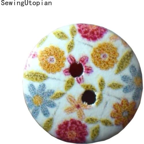 50PCS Cute Flower Printing Round Wood Buttons Sewing Scrapbook Clothing Gifts Crafts Handwork Accessories Jacket Blazer 15mm