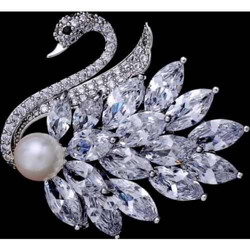 Lovely Swan with Pearl Brooch White Zircon Crystal Animal Brooches Pins for Women Lapel Pin Wedding Jewelry luxe broche femme
