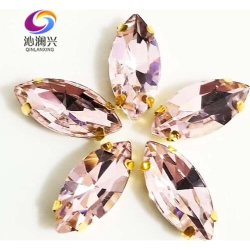 Pink eye shape AAA Glass Crystal sew on stones with holes,Golden bottom loose rhinestones Diy/Clothing accessories SWMG10