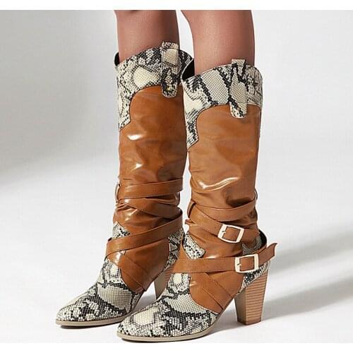 Sgesvier Snake Print Knee High Boots for Woman Round toe Square Heel High Heels Thigh High Boots Fur Warm Martin Boots Botas