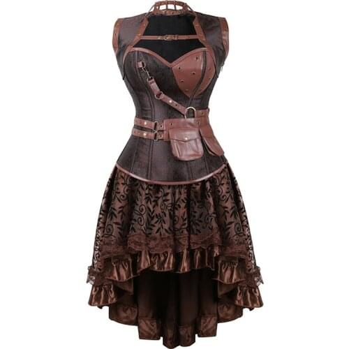Sexy Steampunk Overbust Corsets and Bustiers Burlesque Gothic Lace Leather Corset Dress Plus Size Costume Bustier Dress