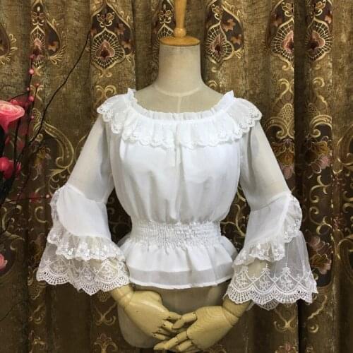 Chiffon Ruffles Slash Neck Lantern Sleeve Short Sweet Lolita Shirt Women Victorian Gothic Top Steampunk Vintage Clothes