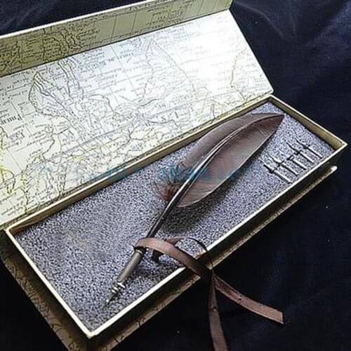 Coffee Color Nature Turkey Feather Fountain Vintage Pen with 5 Nibs