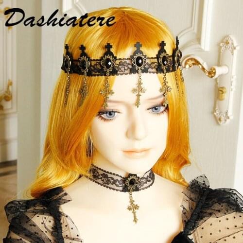 Vintage Baroque Women Black Headband for Girl Gothic Bronze Cross Pendant Lace Hairband Lolita Vampire Costume Accessories