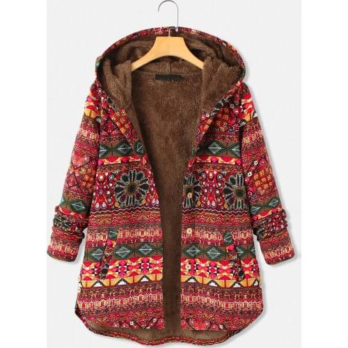Autumn Winter Women Vintage Flowers Print Fleece Hooded Plus Size Long Sleeve Jacket Coat Overcoat Single Breasted Outwear