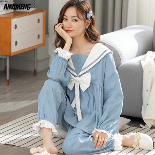 Womens Pajamas Princess Style Cotton Spring Fall Navy Collar Pyjamas Asian Size Bow Sky Blue Kawaii Pajamas Korean Youth Pj Set