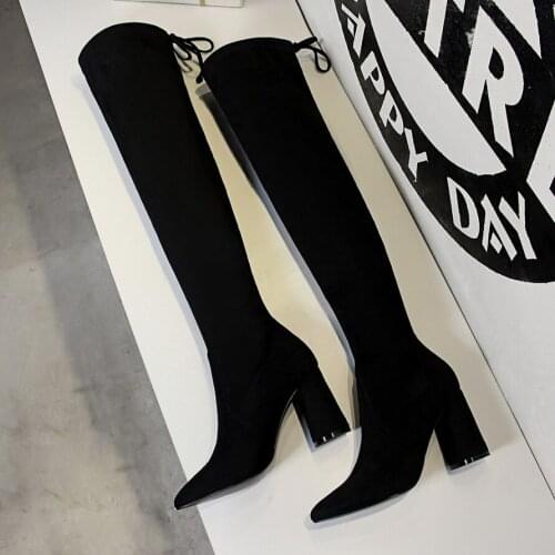 2019 New Warm Womens Over-the-Knee Boots Pointed Concise Solid Black Flock Long Boots Casual Lace-Up High Heels Shoes for Women