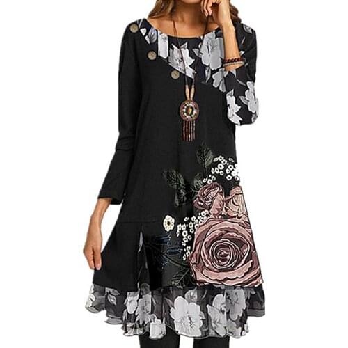 Women Dresses Long Sleeve Patchwork Chiffon Floral Print Buttons Loose A Line Dress Womens Clothing 2021