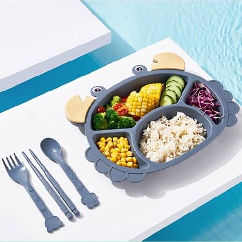 1Set Baby Feeding Dinnerware With Fork Spoon Cartoon Crab Shape Household Utensils 3Colors Children Plates Wheat Straw/PP