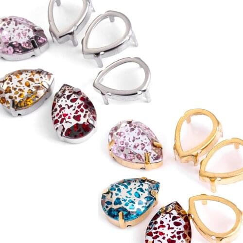 10Pcs/Lot Rust Print Drop Shaped Sew On Rhinestones Crystal for Crafts Glass Rhinestones Flatback With Silver Gold Copper Claws