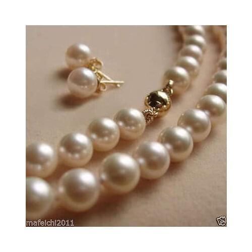 8MM White Akoya Sea shell Pearl Necklace +Earring SET AA+ 18"