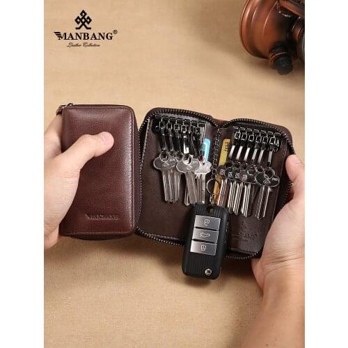 ManBang Vintage Genuine Leather Key Wallet Women Keychain Covers Zipper Key Case Bag Men Key Holder Housekeeper Keys Organizer
