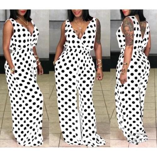 Black White Polka Dot Sexy Party Jumpsuit Women Deep V Neck Sleeveless Wide Leg Romper Eelgant Backless One Piece Overall
