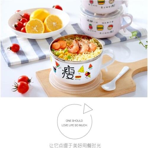 Stainless steel double-layer anti-scalding instant noodle bowl cute instant noodle bowl set with lid and spoon