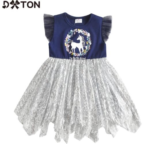 DXTON Summer Girls Dress Knee-Length Children Princess Dress Cotton Kids Dress Unicorn Tulle Irregular Party Girls Costume 3-8Y