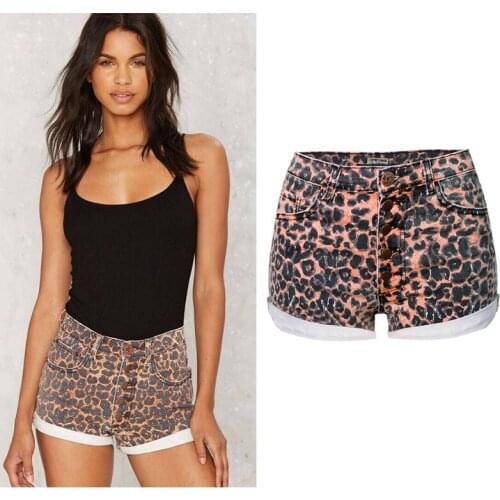 Leopard Print Jeans Shorts High Waist Single-breasted Slim Elastic Cuffs Fashion European and American Style 40 42