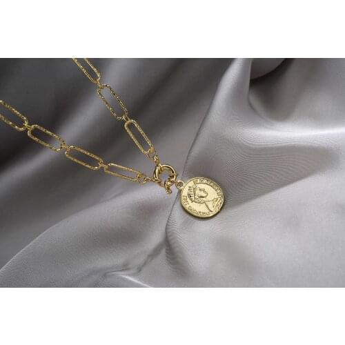 HECHENG,Vintage Carved Coin Necklace For Women Cooper Steel Gold Color Medallion Pendant Necklace Long Choker Boho Jewelry