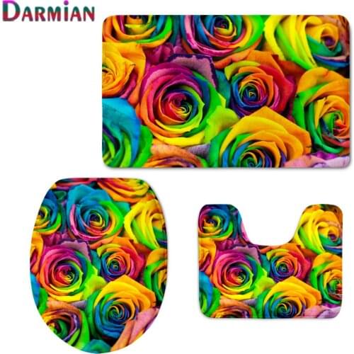 Beautiful Colorful Flowers Roses Print Bathroom Non-slip Pedestal Rug Lid Toilet Cover Bath Mat Set Bath Decor Warm Rugs Carpets