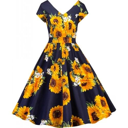 Summer Women Short Sleeve Simple Flower Print Retro Midi Dress Elegant Vintage Knee Length Ladies Party Dress Vestidos Fashion