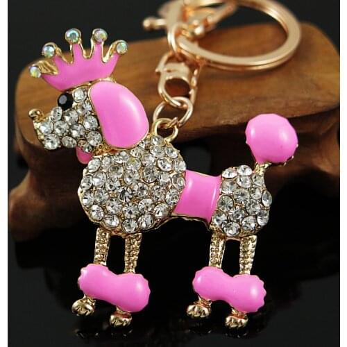Lovely Pink Poodle Crown Dog Bowknot Crystal Keychains Keyrings For Car Women Alloy Purse Bag Key Chain Ring Holder