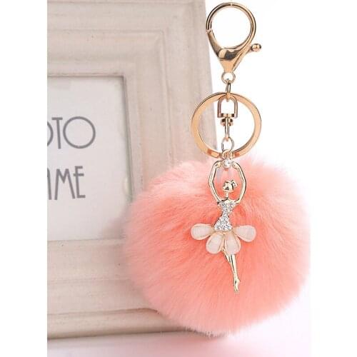 Cute Rhinestone Crystal Angel Car Keychain Fake Fur Key Chain Women Trinket Car Bag Key Ring Jewelry Gift Plush Keychains