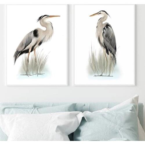 Nautical Bird Prints Vintage Grey Heron Bird Drawing Wall Art Canvas Painting Animal Poster Wall Pictures for Living Room Decor