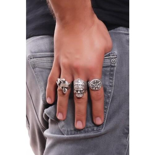 Mens Antique Silver Plated Adjustable 3'lü Ring Set Bohemian punk cool finger skull and crossbones arrow spring motorcycle ring