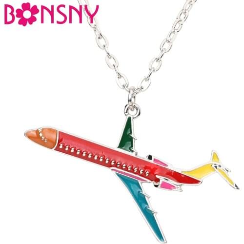 Bonsny Statement Alloy Civil AviatiION Plane Necklaces Pendant Choker Chain New Fashion Accessories Enamel Jewelry For Women