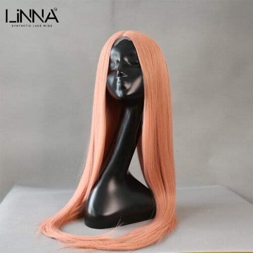 LINNA Long Straight Synthetic Lace Wig For Women 26 Inch High Temperature Fiber Pink Blonde Wigs Middle Part Lace Cosplay Wig
