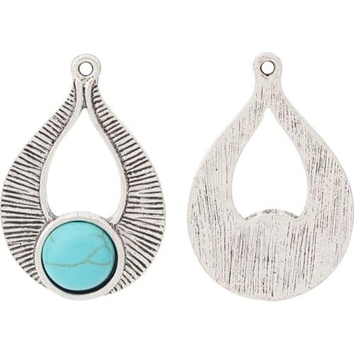 6pcs/lot Tibetan Silver Boho Blue Imitation Stone Water Drop Charms Pendants for Necklace Earring Jewelry Making 35x23mm