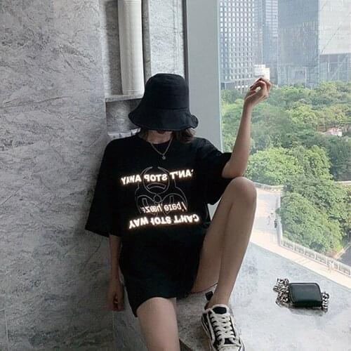 QRWR 2021 Summer Women T Shirt Fashion Casual O Neck Long T Shirt Loose Solid Letter Print Reflective Oversized Womens Top