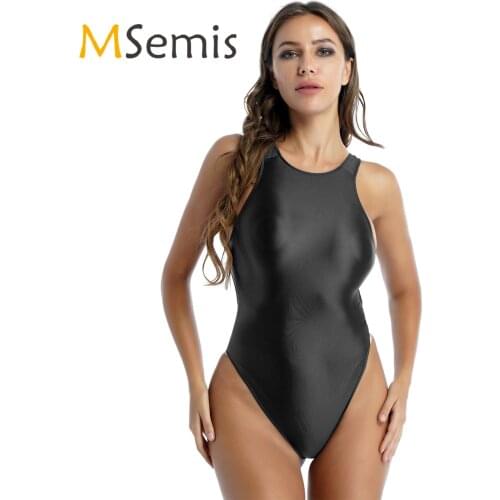 Womens Stretchy Tights Leotard Swimwear Solid Color Glossy One-piece Swimsuit Ladies Cutout Back Bodysuit Beach Swimming Suit