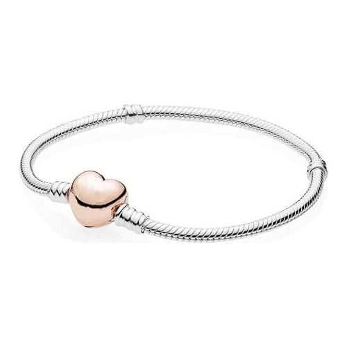 925 Sterling Silver Pan Bracelet Rose Love Heart Clasp Snake Chain Bangle Fit Women Bead Charm Diy Fashion Jewelry