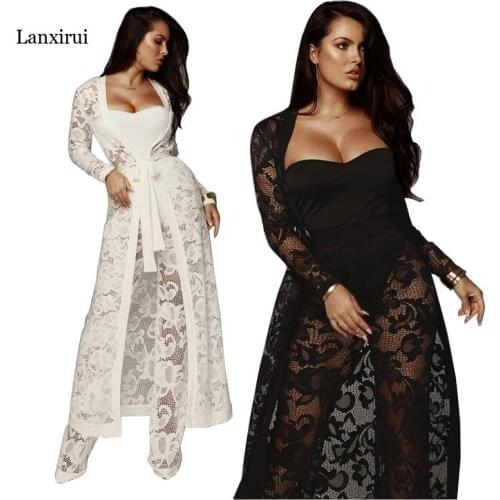 Womens Suit Sexy Lace Dress Broad-legged Pants Three-pieces Casual Suit Long Dresses Woman Party Night
