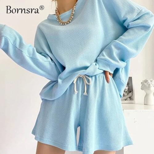 Bornsra Casual Sports Waffle Suit Women Autumn 2021 New Round Neck Pullover Sweater + Drawstring High Waist Shorts Plaid Sets