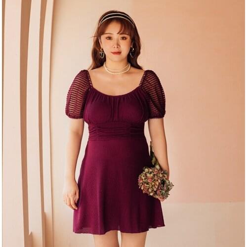 Plus Size Short Sleeve Swimsuit Women One Piece Sexy Gauze Swimwear Square Collar Korean Style Bathing Suit 2XL-5XL Skirt Padded