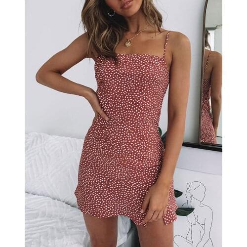 2020 Women Summer Sleeveless Square Neck Spaghetti Strap Mini Dress Polka Dot Cami Mini Dress Beachwear Dot Print Dress
