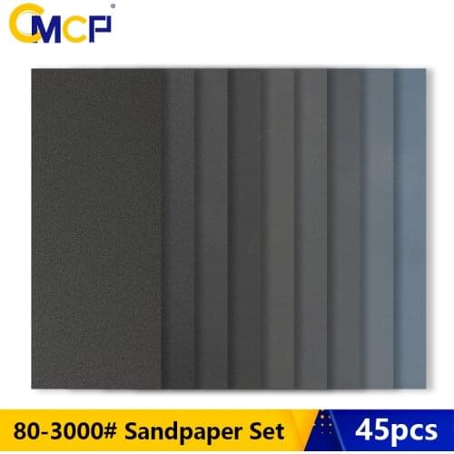 CMCP 45pcs Wet Dry Sandpaper 80 to 3000 Assorted Grits for Wood Metal Sanding Polishing Tools Abrasive Sand Papers 93x230mm
