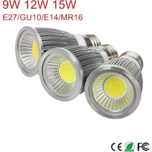 Free shipping 1PCS Dimmable GU10 / E27 / E14 / MR16 / 9W 12W 15w COB AC85-265V/AC110V/220V/DC12V High Power Led Light Bulbs