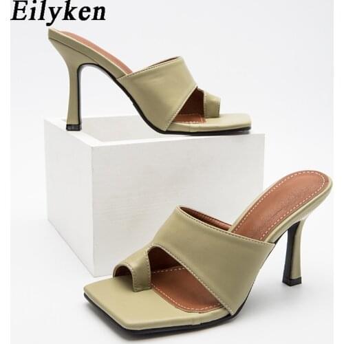 Eilyken Design Women Slippers Elegant Square Pinch Toe Thin High Heels Summer Outdoor Beach Slides Shoes Ladies Sandals