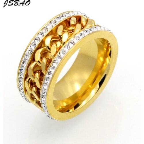 JSBAO Top Quality Gold Colour Stainless Steel Chain Crystal Rings For Women Party Ring Fashion Jewelry