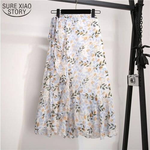 Summer Fishtail Floral Midi Skirts Jupe Femme Solid Womens Lace-up Lotus Leaf Beach Chiffon Skirts Irregular Skirt 10232