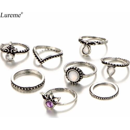 Lureme Vintage Retro Crystal Lotus V Shape Joint Knuckle Nail Ring Set of 8pcs (rg001867)