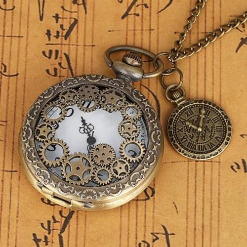 Copper Steampunk Necklace Pendant Clock Bronze Hollow Gear Quartz Pocket Watch Vintage Antique Chain Men Women with Accessory
