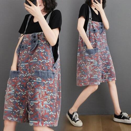 Fashion Summer Print Jeans Look Thin Denim Washed Overalls Women Loose Streetwear Trousers Casual Five-point Jumpsuit Bib Pants