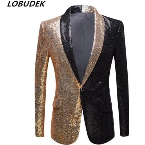 Men Singer Stage Performance Sequin Blazers Lapel Splicing Color Paillette Suit Coat Nightclub DJ Party Host Suit Jacket Costume