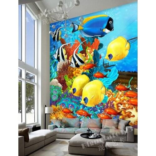 The latest 3D murals,beautiful dream blue sea bottom color deep sea fish. Living room sofa TV wall children bedroom wallpaper