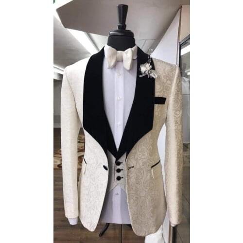 Newest One Button Ivory Embossing Groom Tuxedos Shawl Lapel Groomsmen Mens Wedding Prom Suits (Jacket+Pants+Vest+Tie) NO:155