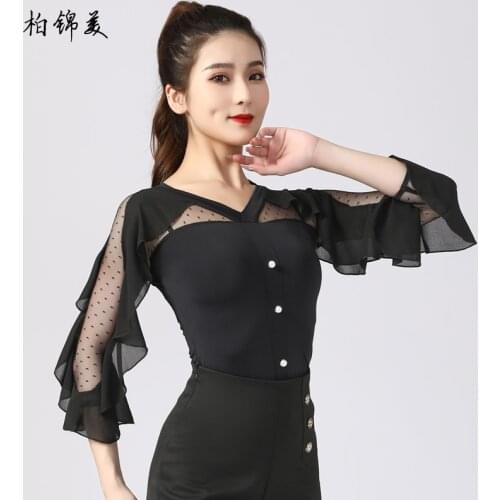 Latin dance clothes adult shirt with ruffled three-quarter sleeves V-neck new national standard dance competition modern dance p